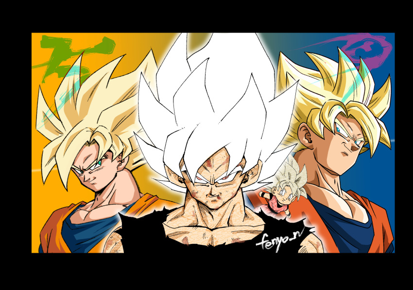 1boy arms_at_sides bangs black_border black_outline black_shirt black_wristband blonde_hair blood blood_from_mouth blood_on_face blue_background border chibi chibi_inset close-up closed_mouth dirty dirty_face dougi dragon_ball dragon_ball_z fenyon flying green_eyes grey_eyes highres looking_at_viewer male_focus multiple_views muscular muscular_male official_style orange_background outline parted_bangs pectorals red_eyes scratches shade shintani_naohiro_(style) shirt sideways_glance simple_background smirk son_goku spiked_hair super_saiyan super_saiyan_1 toriyama_akira_(style) torn_clothes torn_shirt twitter_username two-tone_background undershirt upper_body white_hair white_outline wristband yamamuro_tadayoshi_(style)