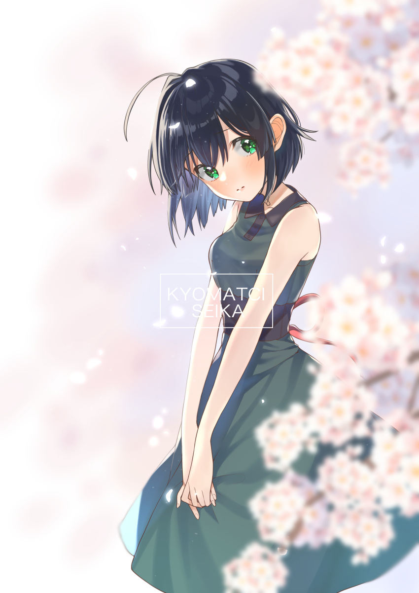 1girl absurdres alternate_costume bangs bare_arms bare_shoulders black_hair blurry blurry_background blurry_foreground character_name cherry_blossoms closed_mouth collared_dress commentary dress eyebrows_visible_through_hair flower green_dress green_eyes highres kyoumachi_seika light_blush long_dress looking_at_viewer mofu_mofudog romaji_text short_hair shy sleeveless sleeveless_dress solo voiceroid