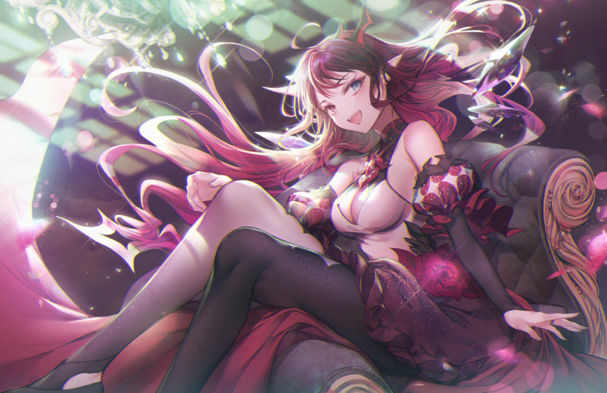 1girl :d ahoge black_gloves black_legwear blue_eyes breasts cleavage couch demon_girl demon_horns diffraction_spikes dress elbow_gloves gloves heterochromia hololive hololive_english horns irys_(hololive) long_hair looking_at_viewer medium_breasts open_mouth ozzingo pointy_ears purple_hair red_eyes red_hair sitting smile solo two-tone_dress virtual_youtuber white_legwear