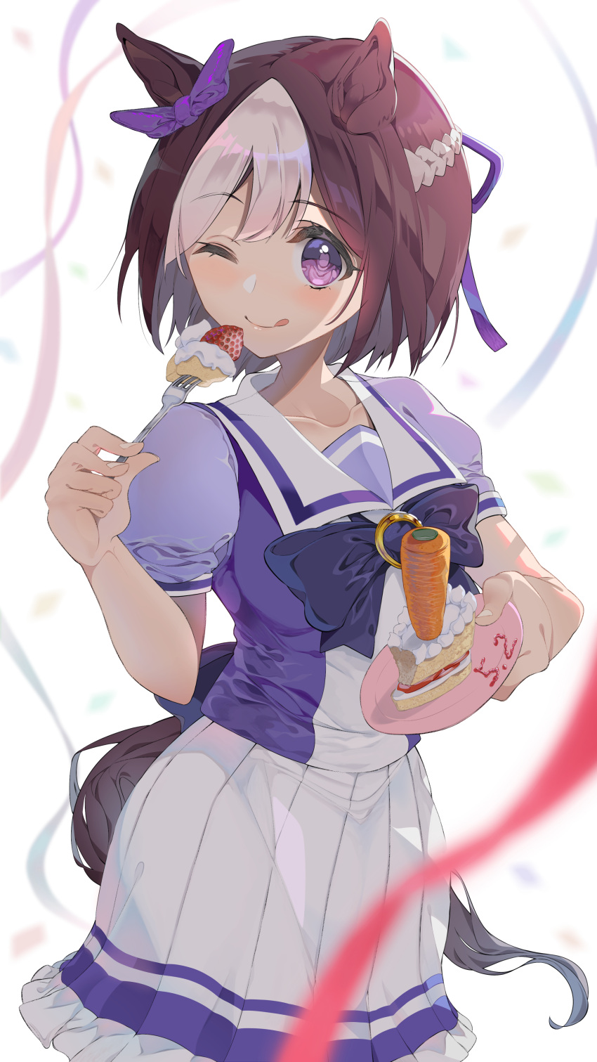 1girl :p absurdres animal_ears ao_hito blush breasts cake collarbone commentary_request dated food hair_between_eyes hair_ornament highres horse_ears horse_tail looking_at_viewer medium_breasts one_eye_closed plate purple_eyes school_uniform simple_background solo special_week_(umamusume) tail tongue tongue_out umamusume white_background