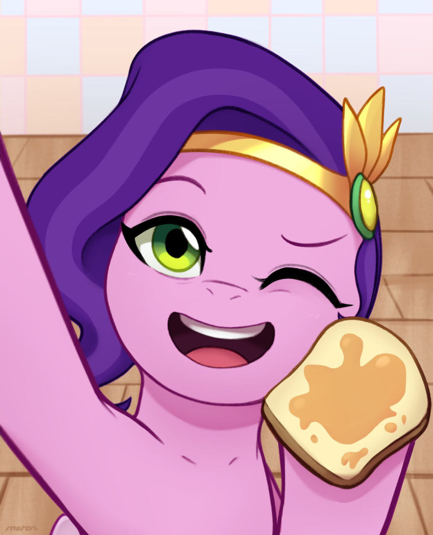 2022 bread breakfast equid equine feral food green_eyes hair hasbro hi_res holding_food holding_object honey_(food) honey_toast looking_at_viewer mammal marenlicious mlp_g5 my_little_pony my_little_pony:_tell_your_tale open_mouth open_smile pink_body pipp_petals_(mlp) purple_hair selfie smile solo