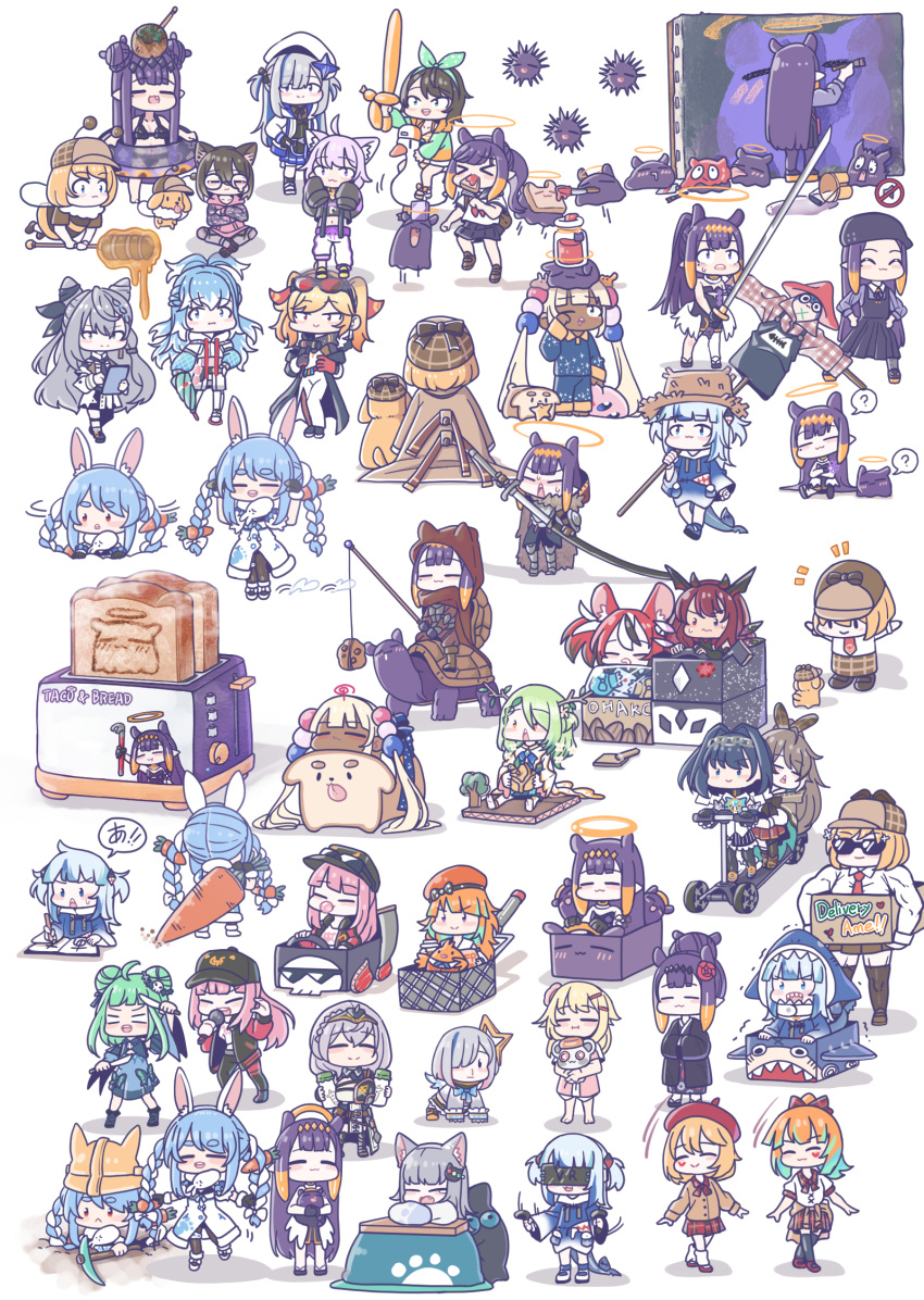 6+girls armor arthropod_girl barbell bee_girl bento blue_eyes blue_hair book bread bubba_(watson_amelia) cardboard carrot ceres_fauna crowbar dog elden_ring eyebrows_visible_through_hair food gawr_gura go-kart grill hakos_baelz head-mounted_display helmet highres hololive hololive_english hololive_indonesia houshou_marine irys_(hololive) jam jar kaela_kovalskia knife kobo_kanaeru kotatsu kureiji_ollie long_hair low_wings minato_aqua monja_(monja0521) mori_calliope multicolored_hair multiple_girls nanashi_mumei oozora_subaru open_mouth orange_hair ouro_kronii pajamas pickaxe pink_hair roboco-san school_uniform serafuku shirogane_noel short_hair smile streaked_hair sword table takanashi_kiara tako_(ninomae_ina'nis) toast toaster tsukumo_sana uruha_rushia usada_pekora vestia_zeta virtual_youtuber weapon wings writing