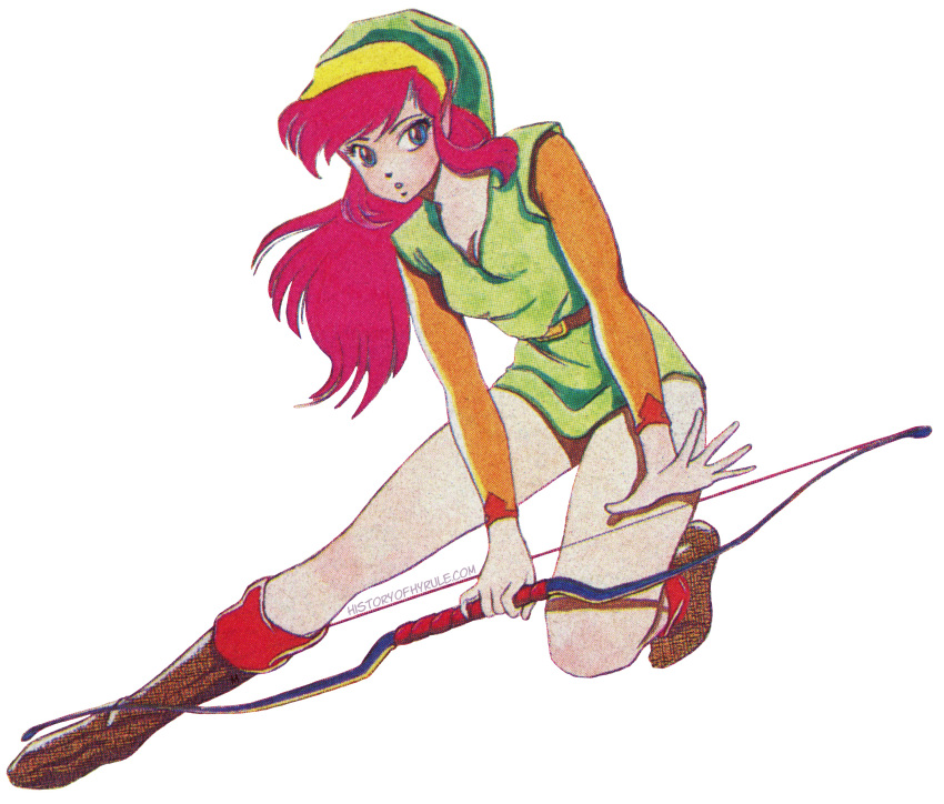 1980s_(style) 1girl absurdres artist_request bare_legs belt blue_eyes boots bow_(weapon) breasts brown_footwear cleavage english_commentary full_body genderswap genderswap_(mtf) green_headwear green_tunic hat highres holding holding_bow_(weapon) holding_weapon knee_boots link link_(shounen_captain) long_hair long_sleeves nintendo official_art one_knee orange_sleeves pink_hair pointy_ears retro_artstyle scan shounen_captain small_breasts solo the_legend_of_zelda the_legend_of_zelda_(nes) third-party_edit third-party_watermark weapon