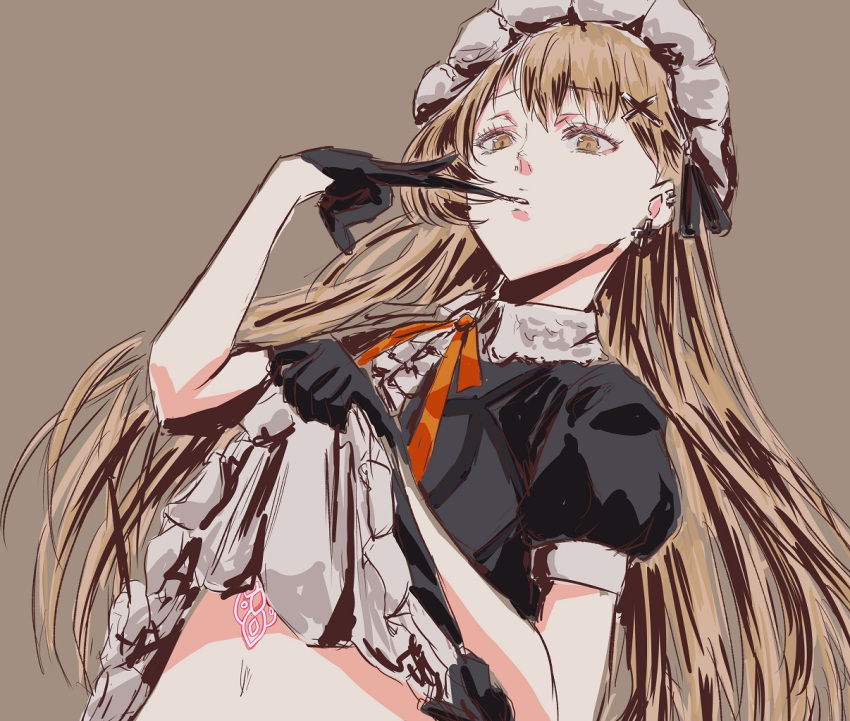 1girl chika_(keiin) clothes_lift dress dress_lift earrings frilled_hairband frills girls'_frontline glove_in_mouth glove_pull gloves glowing_tattoo hairband jewelry light_brown_eyes light_brown_hair mouth_hold ppk_(girls'_frontline) puffy_short_sleeves puffy_sleeves short_sleeves sketch solo stomach_tattoo tattoo