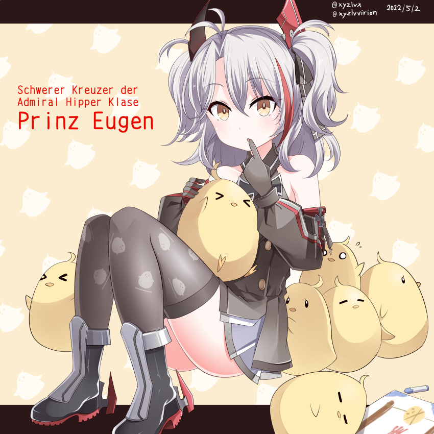 &gt;_&lt; 1girl :o absurdres animal animal_print azur_lane bangs bare_shoulders bird bird_print black_footwear blush boots brown_background brown_eyes character_name chick closed_eyes commentary_request dated detached_sleeves dress eyebrows_visible_through_hair finger_to_mouth gloves grey_dress grey_gloves grey_hair grey_legwear grey_sleeves hair_between_eyes hebitsukai-san highres knees_up little_prinz_eugen_(azur_lane) long_sleeves looking_at_viewer manjuu_(azur_lane) multicolored_hair parted_bangs parted_lips pleated_skirt print_legwear puffy_long_sleeves puffy_sleeves red_hair sitting skirt sleeveless sleeveless_dress solo streaked_hair thighhighs thighhighs_under_boots twitter_username two_side_up white_skirt