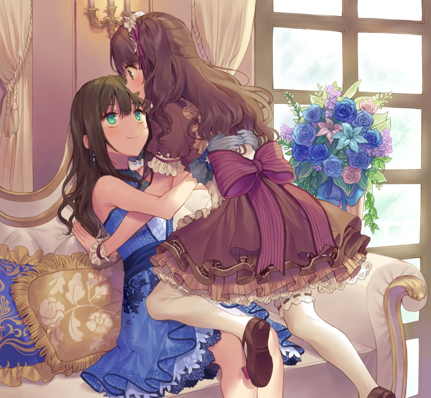 2girls bad_id bad_pixiv_id bangs bare_shoulders blue_dress blue_flower blue_gloves brown_dress brown_eyes brown_footwear brown_hair closed_mouth couch curtains dress earrings flower frilled_dress frills gloves green_eyes hands_on_another's_back highres idolmaster jewelry leaf long_hair looking_at_another misha_(hoongju) multiple_girls open_mouth pillow pink_flower shibuya_rin shimamura_uzuki shoes short_sleeves sitting sleeveless sleeveless_dress smile thighhighs wavy_hair white_legwear wrist_cuffs yuri