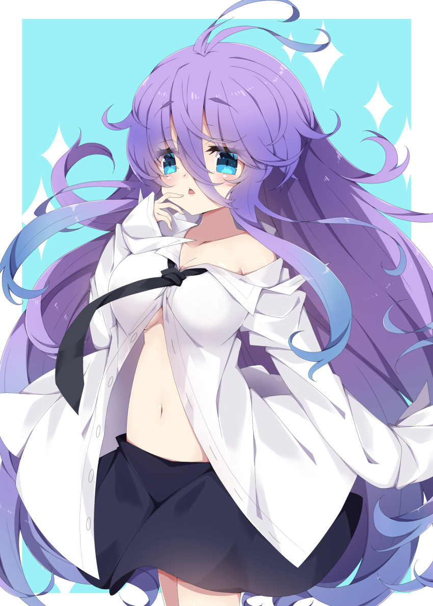 1girl :&lt; absurdres antenna_hair bangs bare_shoulders black_necktie black_skirt blue_background blue_eyes blue_hair blush breasts cleavage collared_shirt commentary_request dress_shirt eyebrows_visible_through_hair fuyou-chan gradient_hair hair_between_eyes highres long_hair medium_breasts milkpanda multicolored_hair navel necktie off_shoulder original parted_lips purple_hair shirt skirt solo sparkle standing triangle_mouth two-tone_background very_long_hair white_background white_shirt