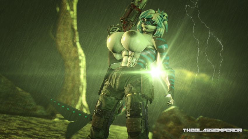 16:9 anthro breasts clothed clothing female fish lightning looking_at_viewer marine muscular muscular_female nika_sharkeh raining shark shark_tail solo theglassemperor topless weapon widescreen
