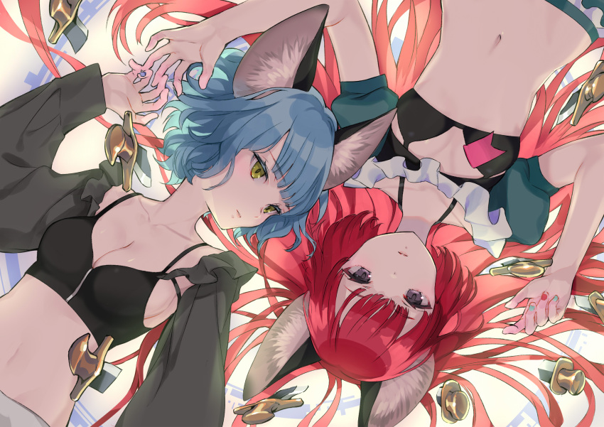 2girls animal_ears bangs black_bra black_eyes blue_hair blunt_bangs bra breasts cat_ears cat_girl cleavage collarbone commentary_request crop_top detached_sleeves eyebrows_visible_through_hair frills from_above gin_(oyoyo) green_eyes halterneck highres knife lips long_hair looking_at_viewer lying medium_breasts midriff multiple_girls navel neffy_(valis) nina_(valis) puffy_short_sleeves puffy_sleeves red_hair short_hair short_sleeves sideboob small_breasts underwear upper_body valis_(sinsekai) very_long_hair