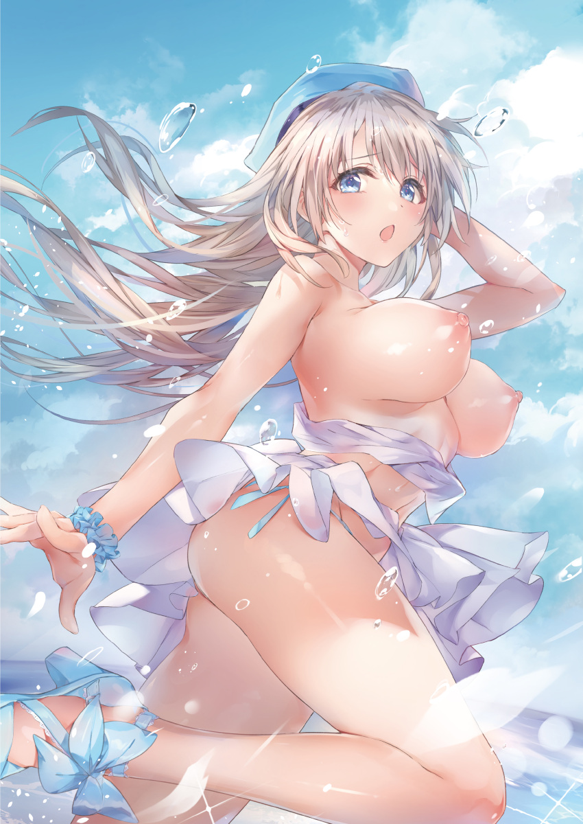 1girl absurdres bangs blue_eyes blue_sky cloud cloudy_sky day hat highres light_brown_hair long_hair looking_at_viewer melonbooks motoyon original outdoors shiny shiny_skin simple_background sky solo thighs water water_drop