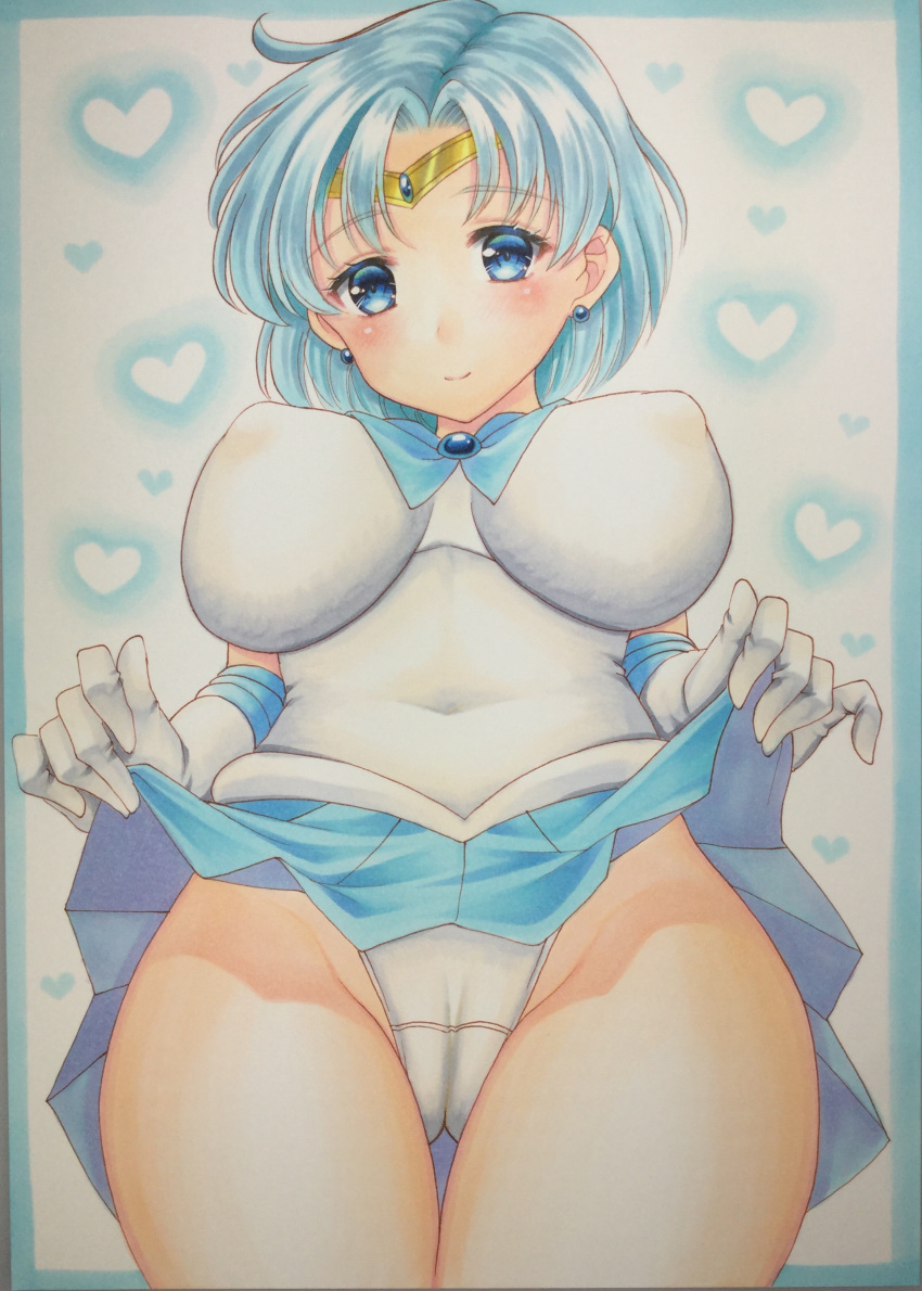 1girl absurdres ass_visible_through_thighs bangs blue_eyes blue_hair blue_skirt breasts circlet clothes_lift earrings gloves heart highres jewelry kumaccyo large_breasts looking_down marker_(medium) mizuno_ami night panties sailor_mercury school_uniform short_hair skirt skirt_lift smile solo thighs traditional_media underwear white_background white_panties