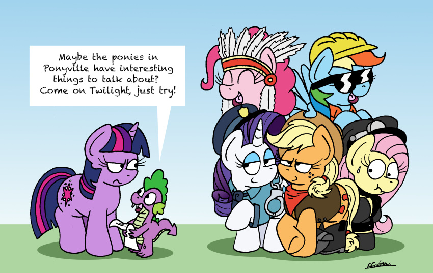 bobthedalek clothing construction_worker cowboy_outfit dialogue dragon earth_pony english_text equid equine fluttershy_(mlp) friendship_is_magic hi_res horn horse leather leather_clothing mammal my_little_pony native_american pegasus pinkie_pie_(mlp) police_uniform pony rainbow_dash_(mlp) spike_(mlp) text twilight_sparkle_(mlp) unicorn uniform village_people wings