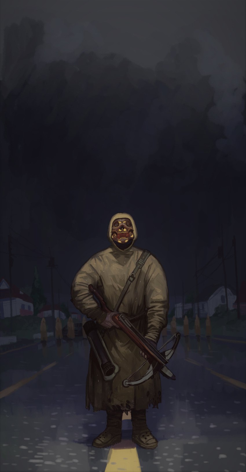 1other absurdres boots cloud cloudy_sky covered_face crossbow facing_viewer grey_footwear grey_robe grey_sky highres holding holding_crossbow holding_weapon hood hood_up hooded_robe long_sleeves mask mossacannibalis original outdoors road robe sky standing weapon