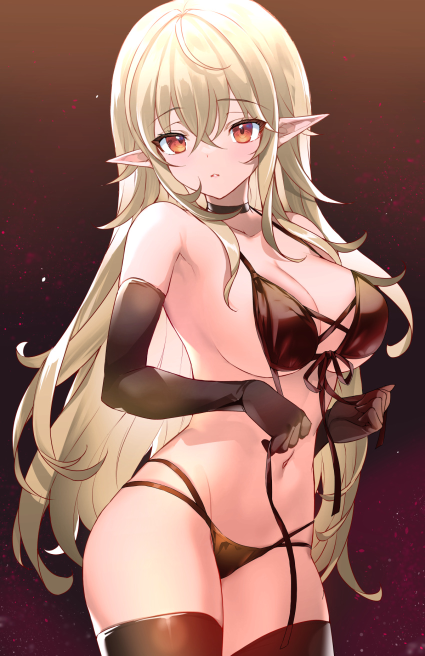 1girl bangs black_background black_gloves black_legwear blonde_hair blush brown_eyes cowboy_shot crossed_bangs elbow_gloves elf emily_(pure_dream) gloves highres long_hair looking_at_viewer original parted_lips pointy_ears solo thighhighs