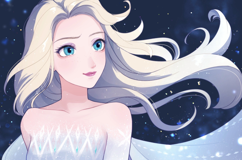 1girl bare_shoulders blue_dress blue_eyes closed_mouth disney dress elsa_(frozen) floating_hair freckles grey_hair highres long_hair simple_background smile solo strapless strapless_dress tsunko_(9v2_q)