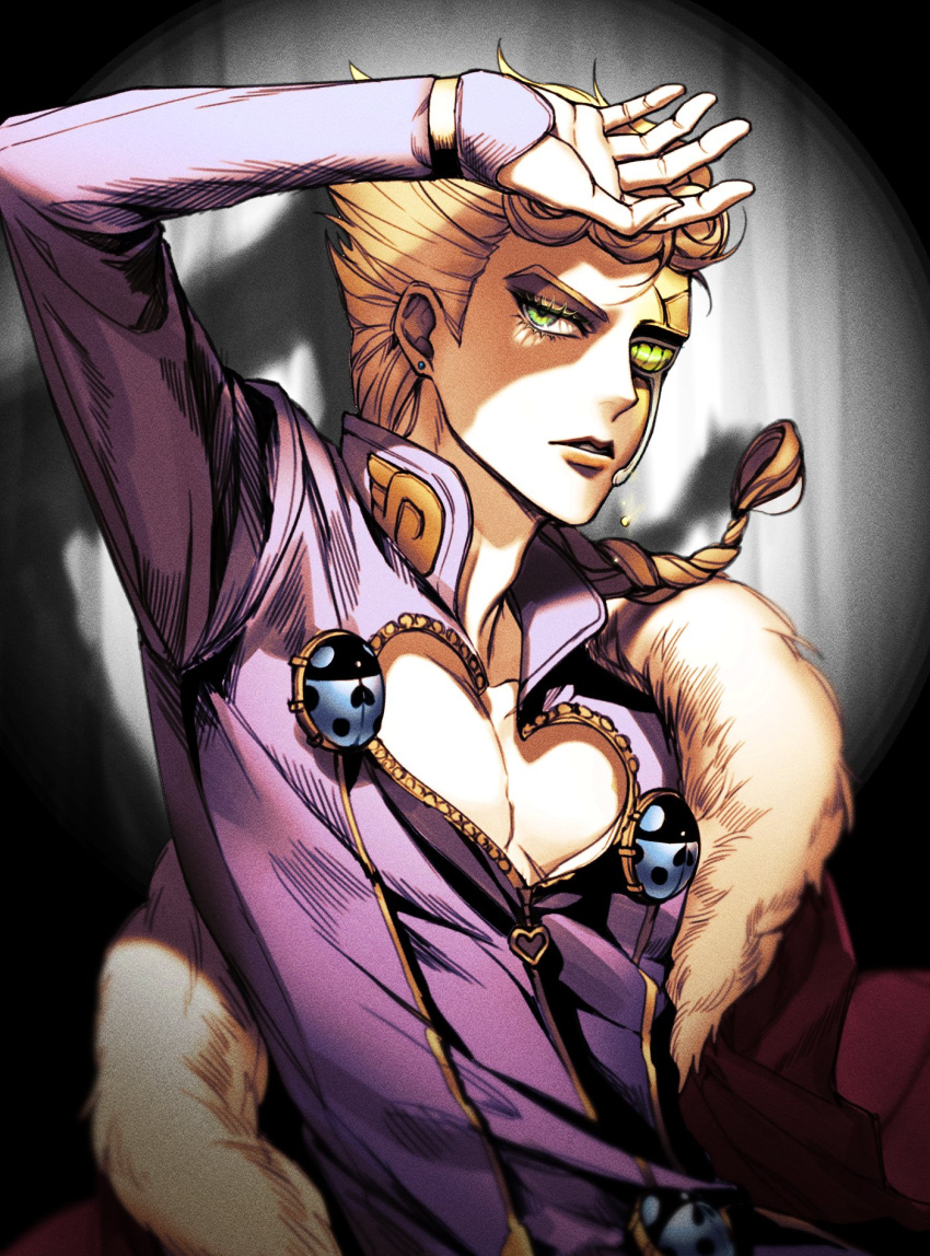 1boy blonde_hair braid braided_ponytail bug fur-trimmed_collar giorno_giovanna green_eyes highres jojo_no_kimyou_na_bouken ladybug male_focus ranch_jjba shading_eyes solo vento_aureo