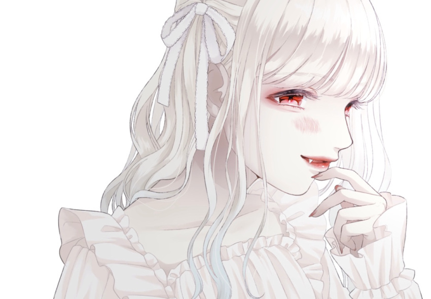 1girl bangs blunt_bangs colored_skin dress fangs fingernails hair_ribbon hand_up original pale_skin parted_lips red_eyes red_nails ribbon simple_background smile solo tsunko_(9v2_q) vampire white_background white_dress white_ribbon white_skin