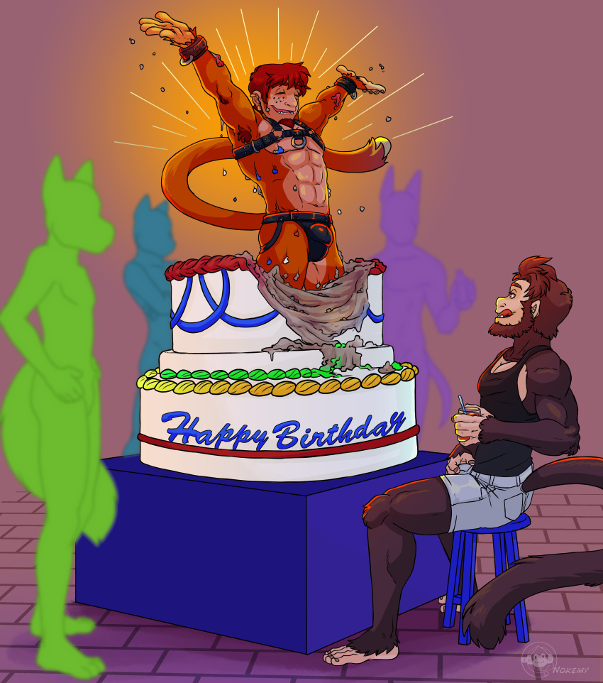 absurd_res anthro birthday birthday_cake bulge bulge_rubbing cake clothing delicatessen dessert facial_hair food group haplorhine harness hi_res houwang jockstrap licking licking_lips licking_own_lips male male/male mammal monkey nokemy_(character) primate self_lick shirt tank_top tongue tongue_out topwear underwear