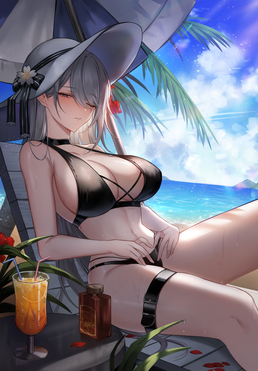 1girl absurdres bangs beach bikini black_bikini black_choker blush breasts character_request choker cleavage commentary commentary_request copyright_request drink eyebrows_visible_through_hair grey_hair gz_(gyoju) hair_ornament hat hat_ornament highres korean_commentary large_breasts looking_at_viewer navel ocean one_eye_closed outdoors parasol parted_lips sideboob sitting sun_hat swimsuit thigh_strap thighs umbrella water wet white_headwear