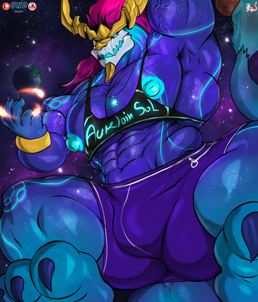 abs anthro artist_name asian_mythology aurelion_sol_(lol) biceps big_butt big_muscles big_nipples big_pecs bioluminescence blue_body blue_eyes bottomwear bulge butt butt_from_the_front claws clothing detailed_background dragon east_asian_mythology eastern_dragon feet flexing glowing hair hi_res jewelry league_of_legends logo looking_at_viewer male masterelrest muscular muscular_anthro muscular_male muscular_thighs mythology necklace nipples patreon patreon_logo pecs pose presenting riot_games scalie serratus shorts signature solo space toe_claws toes triceps underwear vein veiny_muscles video_games