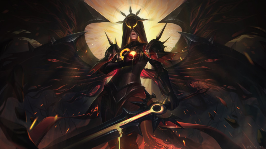 1girl apple armor artist_name backlighting bangs black_gloves breastplate closed_mouth dated facing_viewer feet_out_of_frame food fruit gloves glowing highres holding holding_sword holding_weapon hood hood_up kayle_(league_of_legends) league_of_legends multiple_wings saliva shoulder_armor solo sun_eater_kayle sword vincent_t_(oriaarts) weapon wings