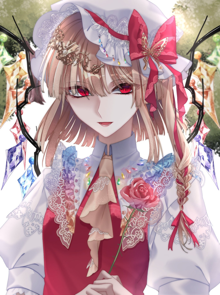 1girl bangs blonde_hair bow bug butterfly collar commentary crystal flandre_scarlet flower frilled_collar frills hair_between_eyes hat hat_bow highres holding holding_flower jewelry nubezon open_mouth puffy_short_sleeves puffy_sleeves rainbow_gradient red_bow red_eyes red_flower red_rose red_vest rose shirt short_hair short_sleeves solo touhou tree vest white_headwear white_shirt wings