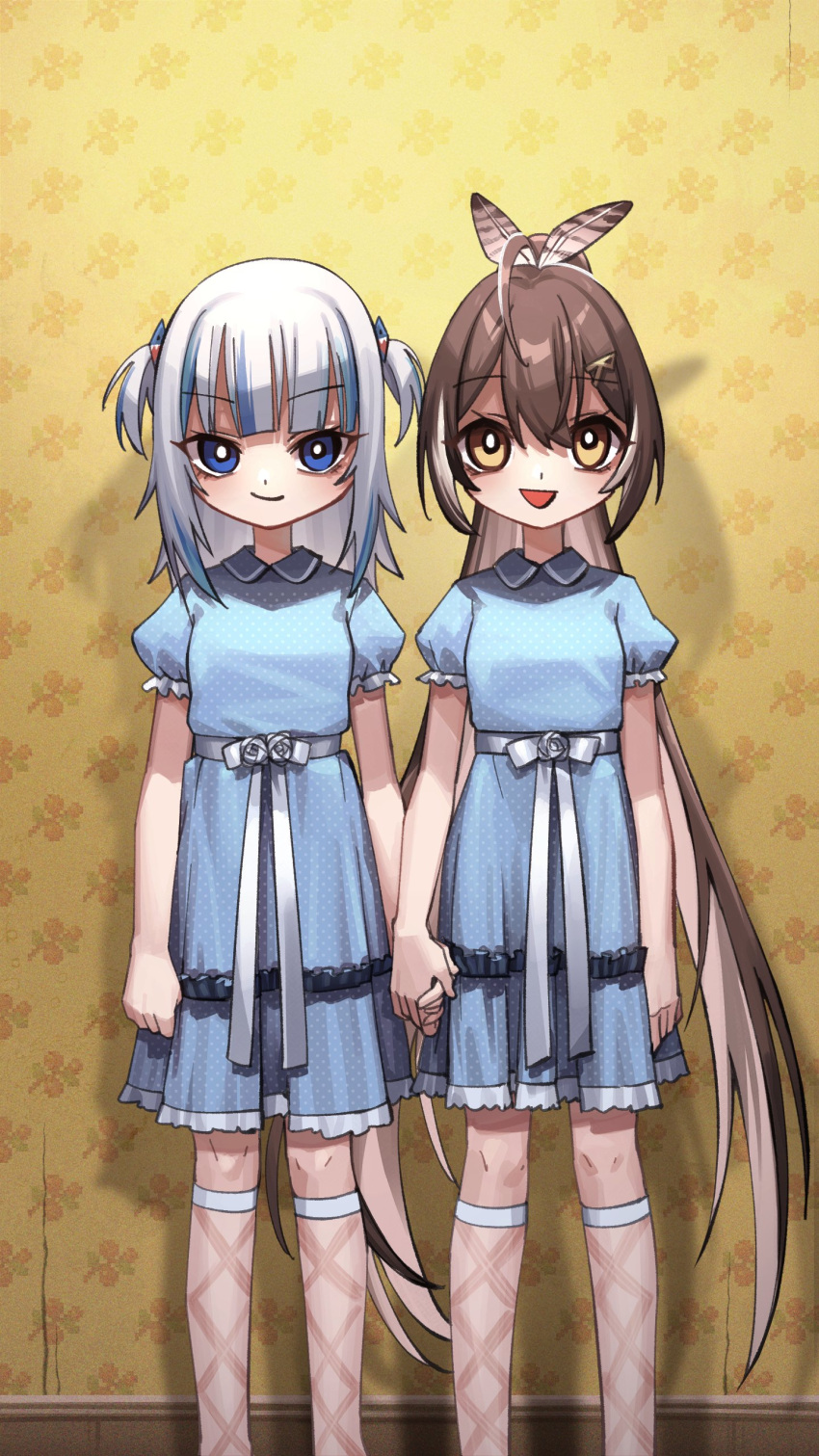 2girls absurdres adarin bangs blue_dress blue_eyes blue_hair blunt_bangs brown_eyes brown_hair dress eyebrows_visible_through_hair feather_hair_ornament feathers gawr_gura grady_sisters_(the_shining) hair_ornament highres holocouncil hololive hololive_english holomyth kneehighs long_hair looking_at_viewer multicolored_hair multiple_girls nanashi_mumei open_mouth ribbon shark_hair_ornament short_sleeves short_twintails smile streaked_hair the_shining twintails virtual_youtuber white_hair