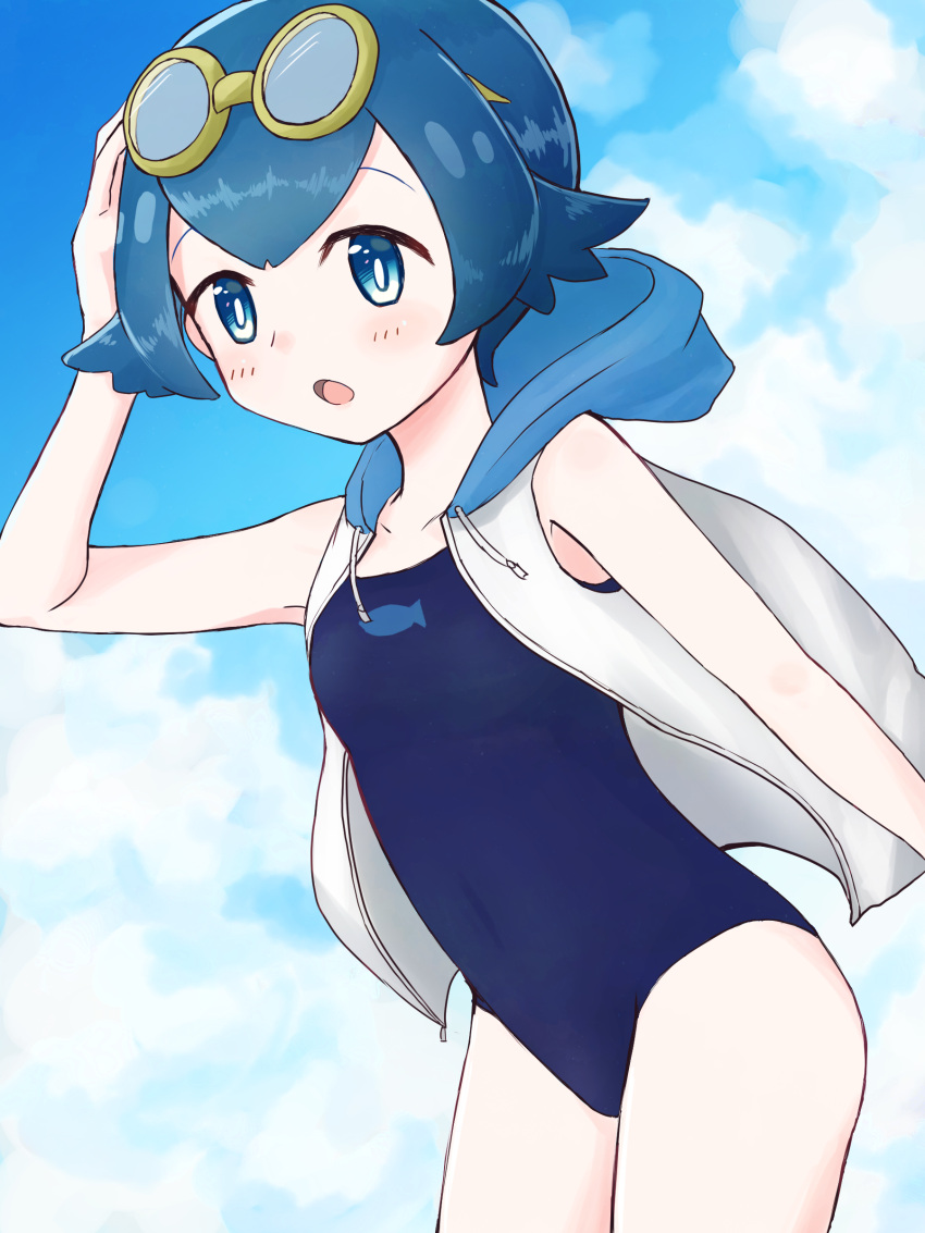 1girl absurdres blue_eyes blue_hair blue_sky blue_swimsuit bright_pupils casual_one-piece_swimsuit cloud collarbone cowboy_shot day eyebrows_behind_hair flat_chest freckles goggles goggles_on_head hair_between_eyes hairband highres hood hooded_jacket jacket lana_(pokemon) no_sclera one-piece_swimsuit open_mouth outdoors pokemon pokemon_(game) pokemon_sm short_hair sky sleeveless sleeveless_jacket smile solo swimsuit swimsuit_under_clothes taketiyo200 white_jacket white_pupils yellow_hairband