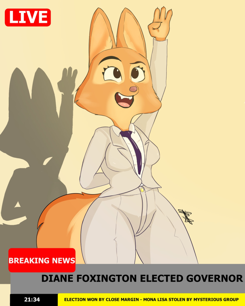 anthro blouse canid canine clothing diane_foxington dreamworks eyebrows fangs female formal_clothing formal_wear fox greeting hi_res mammal necktie news news_report pixyfox23 simple_background smile solo suit the_bad_guys thick_eyebrows topwear