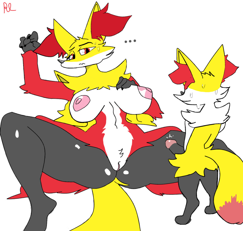 braixen canid canine delphox duo female feral fox fur genitals hi_res male male/female mammal nintendo nipples penis pok&eacute;mon pok&eacute;mon_(species) roxylover shy video_games