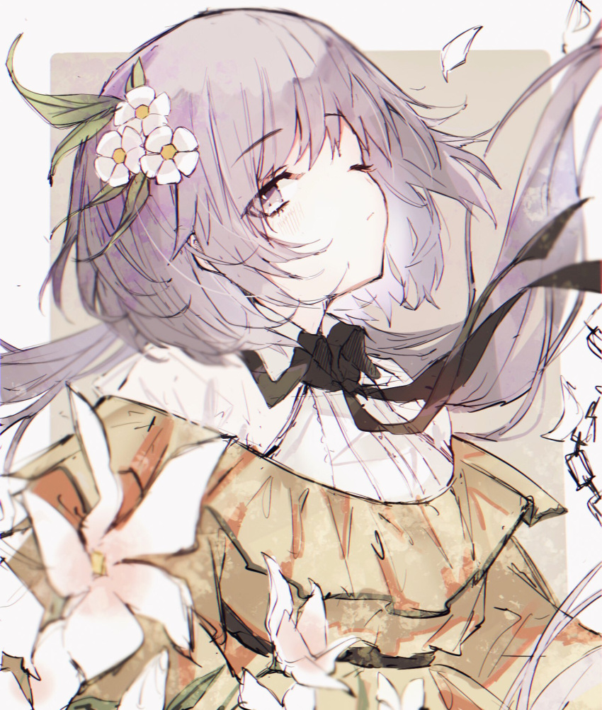 1girl ;/ black_ribbon collar collared_dress commentary dress eyebrows_visible_through_hair flower hair_flower hair_ornament highres long_hair long_sleeves looking_at_viewer neck_ribbon one-hour_drawing_challenge petals purple_eyes purple_hair ribbon sakuratsuki sideways_glance solo touhou tsukumo_benben white_collar white_flower yellow_dress