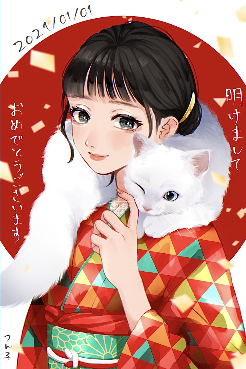 1girl akeome animal_on_shoulder bangs black_eyes black_hair blue_sash blunt_bangs cat cat_on_shoulder closed_mouth fingernails hair_bun hand_up happy_new_year highres ibi japanese_clothes kimono lipstick looking_at_viewer makeup nail_polish obi original pink_lips pink_nails red_kimono sash smile solo tsunko_(9v2_q) upper_body white_cat