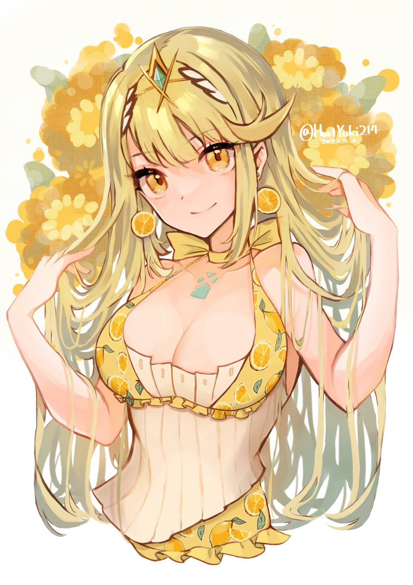 alternate_costume bangs blonde_hair breasts chest_jewel cleavage dress earrings food fruit gem haruto_yuki headpiece highres jewelry large_breasts long_hair mythra_(xenoblade) orange_(fruit) orange_dress swept_bangs tiara very_long_hair xenoblade_chronicles_(series) xenoblade_chronicles_2 yellow_eyes