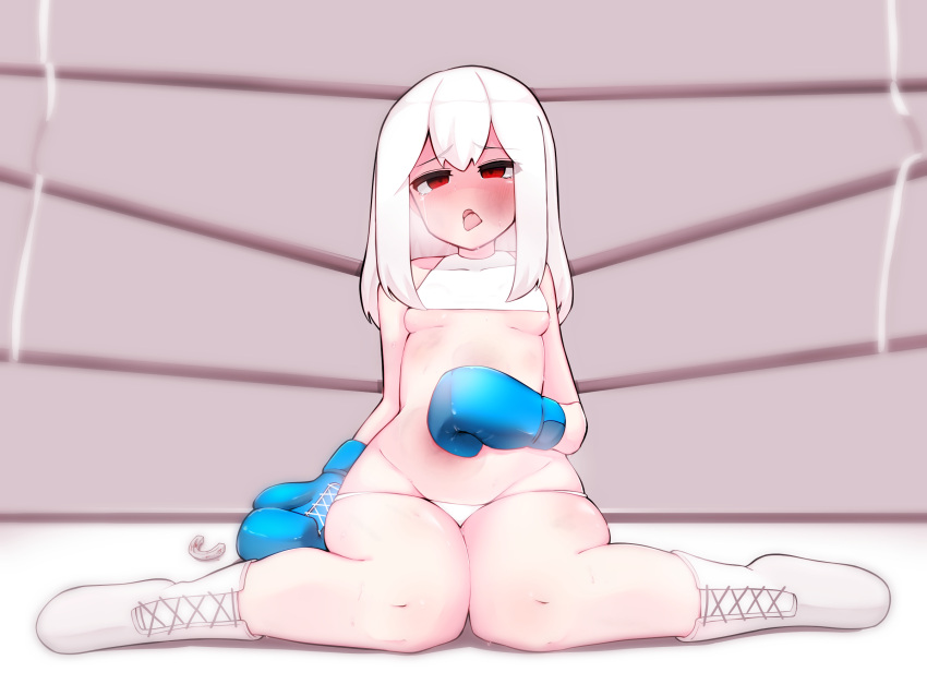 1girl albino bikini boxing boxing_gloves breasts bruise child halterneck highres injury mishiro_(sm_th) original pain red_eyes ryona sm_th small_breasts solo swimsuit white_bikini white_hair