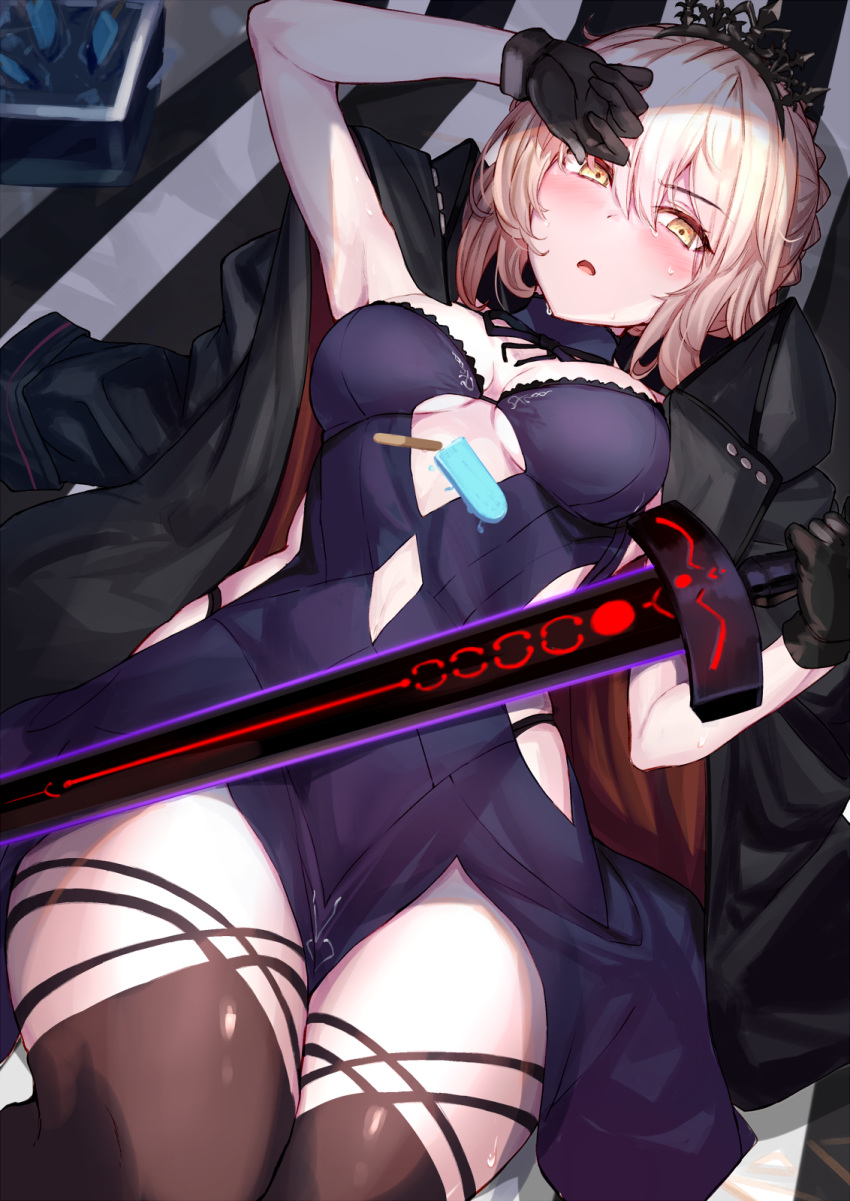 1girl artoria_pendragon_(fate) bangs black_coat black_gloves black_legwear blonde_hair blush breasts coat commentary commentary_request excalibur_morgan_(fate) eyebrows_visible_through_hair fate/grand_order fate_(series) food gloves hair_ornament highres lying medium_breasts ninoude_(ninoude44) on_back parted_lips popsicle saber_alter solo sword thighhighs thighs tiara weapon