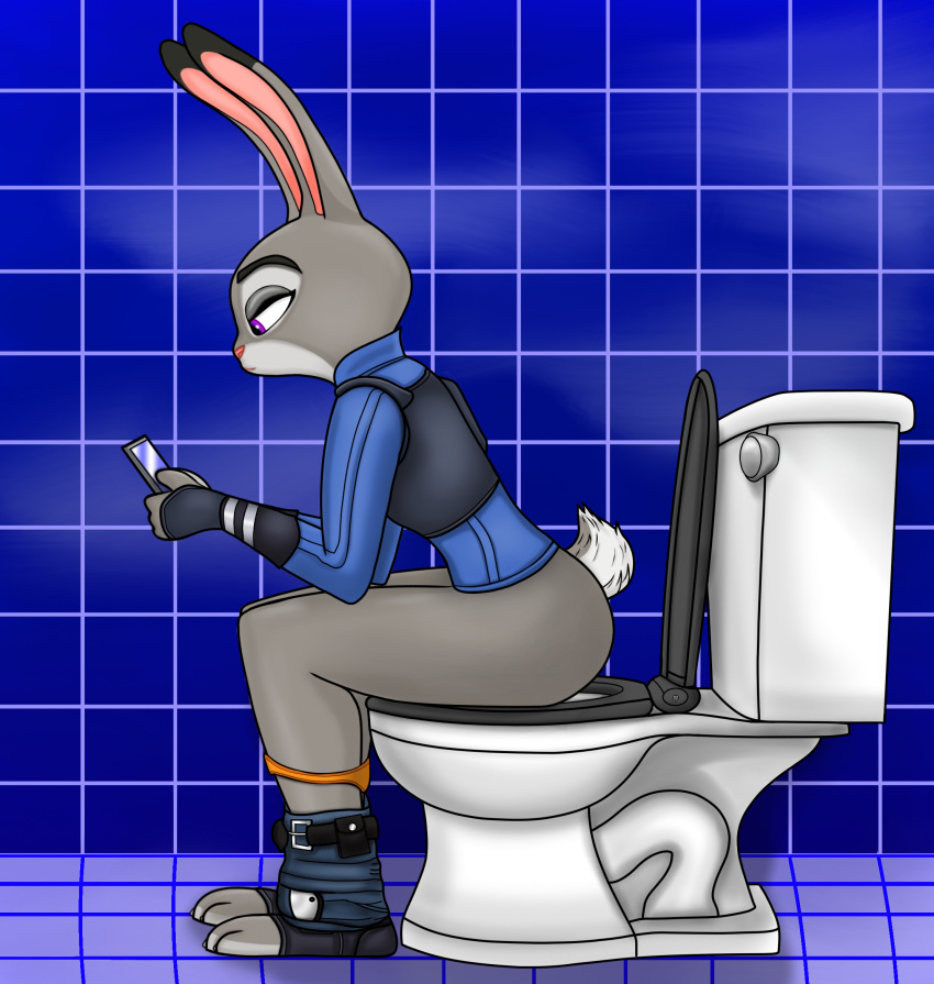 anthro bathroom bottomwear bottomwear_down clothed clothing disney f50_(artist) female hi_res implied_pee implied_scat judy_hopps lagomorph leporid mammal panties panties_down pants pants_down partially_clothed purple_eyes rabbit solo toilet toilet_use underwear underwear_down zootopia