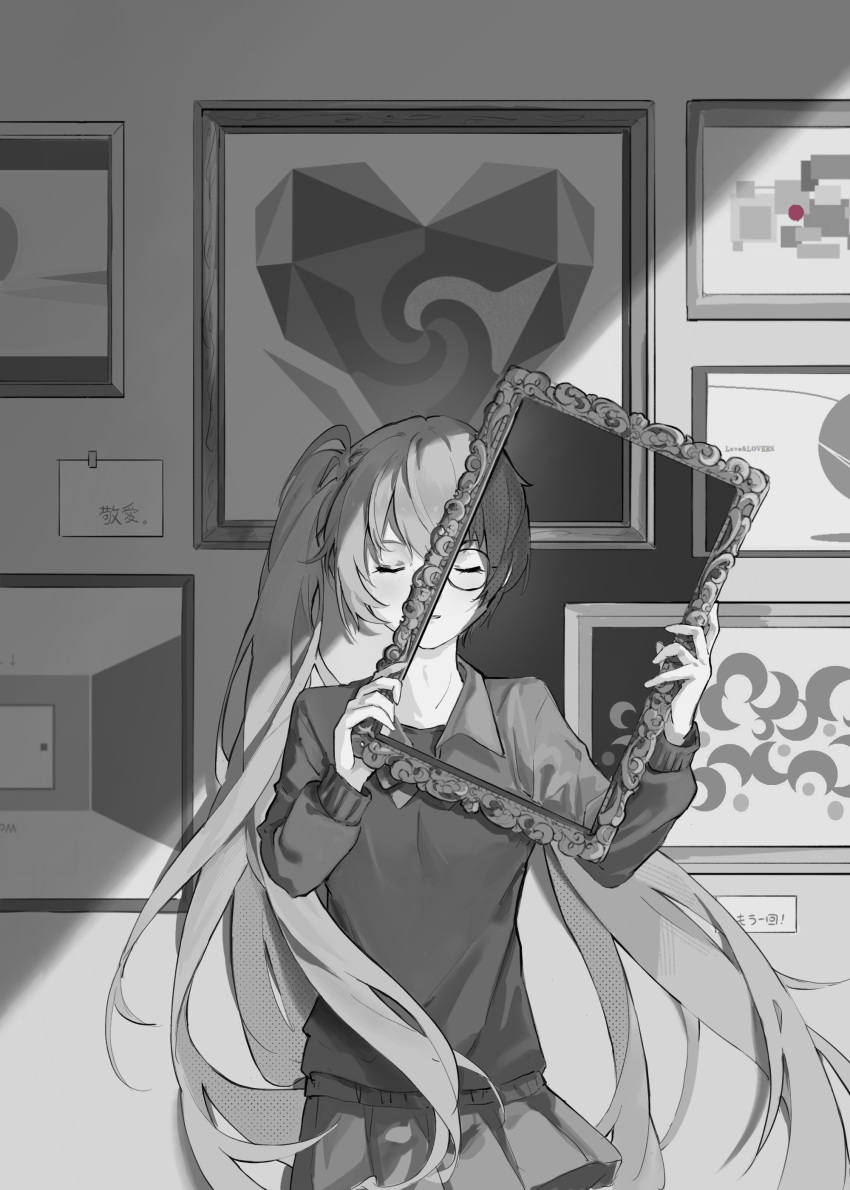 1boy 1girl absurdres closed_eyes collared_shirt double_exposure facing_viewer fusion glasses greyscale hair_between_eyes halftone hands_up hatsune_miku highres holding holding_frame kafuuchino_(chouti) long_hair monochrome parted_lips picture_frame pleated_skirt rolling_girl_(vocaloid) school_uniform shade shirt sidelighting skirt sweater translation_request tsumiki_no_ningyou twintails undershirt unhappy_refrain_(vocaloid) unknown_mother_goose_(vocaloid) ura-omote_lovers_(vocaloid) very_long_hair vocaloid wall world's_end_dancehall_(vocaloid) wowaka