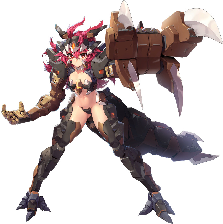 1girl breasts fang foreshortening full_body hair_between_eyes highres last_origin looking_at_viewer maebari mar10 mechanical_tail navel official_art pink_hair power_suit red_eyes skin_fang small_breasts solo tachi-e tail tiny_tyrant_(last_origin) transparent_background tyrant_(last_origin)