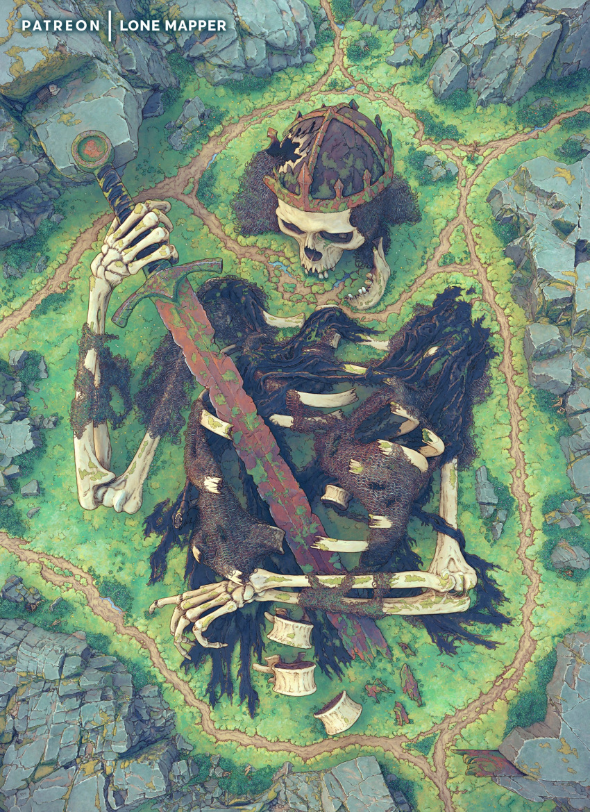 absurdres artist_name from_above giant_skeleton highres huge_weapon lone_mapper no_humans original oversized_object patreon_username rock rust scenery skeletal_arm skeletal_hand skeleton skull spine sword watermark weapon