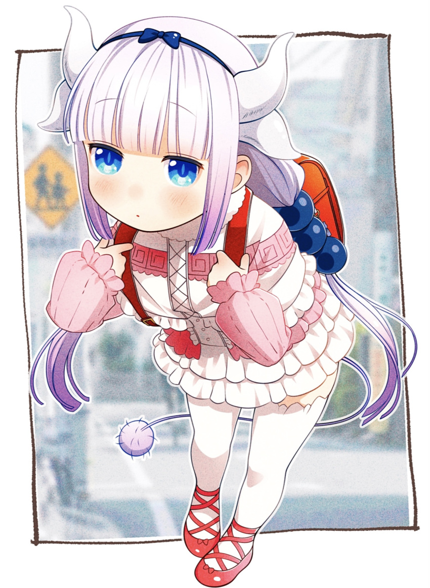 1girl backpack bag blue_eyes blue_hairband bow_hairband closed_mouth dot_mouth dress full_body hairband highres horns kanna_kamui kobayashi-san_chi_no_maidragon long_sleeves looking_at_viewer multiple_horns randoseru red_footwear shoes short_dress solo tail thighhighs tsunko_(9v2_q) white_dress white_legwear