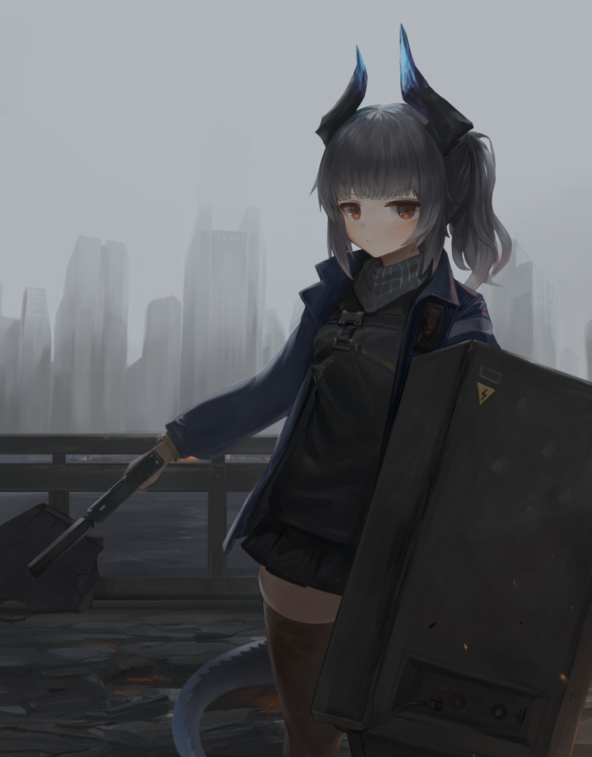 1girl absurdres arknights bangs black_skirt black_sweater blue_jacket blunt_bangs blush brown_eyes brown_legwear cityscape closed_mouth cloud cloudy_sky cowboy_shot dokomon dragon_horns eyebrows_visible_through_hair grey_hair gun highres holding holding_clothes holding_gun holding_shirt holding_weapon horns jacket liskarm_(arknights) long_hair long_sleeves looking_at_viewer miniskirt open_clothes open_jacket outdoors pleated_skirt ponytail riot_shield shield shirt sidelocks skirt sky solo sweater thighhighs weapon zettai_ryouiki