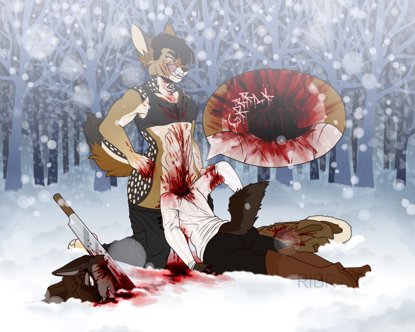 annike_(pancake) anthro black-backed_jackal blood blood_on_chest blood_on_clothing blood_on_face blood_on_ground blood_on_hand blood_on_weapon bodily_fluids bra canid canine canis close-up clothed clothing death decapitated_head decapitation duo fangs female forest genitals gore grotesque_death hand_on_hip intersex intersex/male jackal killing licking licking_lips licking_own_lips machete male mammal melee_weapon murdered murderer mutilation neck_bulge neck_fucking neck_penetration necrophilia outside outside_sex partially_clothed penetration penis plant ribr0t self_lick snow snowing sound_effects sports_bra tongue tongue_out tree ulrich_milla underwear weapon winter_clothing wolf wounded
