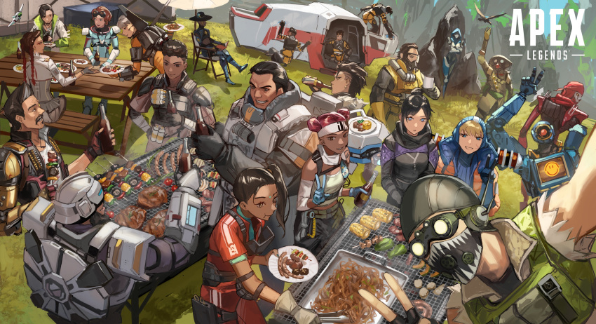 1other 6+boys 6+girls absurdres android apex_legends ash_(titanfall_2) bandana bangalore_(apex_legends) barbecue beard black_bodysuit black_gloves black_headwear blonde_hair bloodhound_(apex_legends) blue_eyes blue_gloves blue_headwear bodysuit bottle brown_eyes caustic_(apex_legends) cooking copyright_name crossed_arms crossed_legs crypto_(apex_legends) d.o.c._health_drone dark-skinned_female dark-skinned_male dark_skin double_bun dreadlocks drone everyone facial_hair facial_mark fingerless_gloves forehead_mark fuse_(apex_legends) gibraltar_(apex_legends) gloves goggles goggles_on_head grey_hair hack_(apex_legends) headband helmet highres holding holding_bottle hood hood_up hooded_jacket horizon_(apex_legends) humanoid_robot jacket loba_(apex_legends) logo mad_maggie_(apex_legends) mechanical_arms mirage_(apex_legends) multiple_boys multiple_girls mustache newcastle_(apex_legends) octane_(apex_legends) official_art one-eyed orange_bodysuit orange_jacket pathfinder_(apex_legends) rampart_(apex_legends) red_bandana red_hair revenant_(apex_legends) seer_(apex_legends) side_ponytail simulacrum_(titanfall) single_mechanical_arm sitting skewer smile soul_patch trident_(apex_legends) v v-shaped_eyebrows valkyrie_(apex_legends) wattson_(apex_legends) white_headband white_jacket wraith_(apex_legends) zonotaida