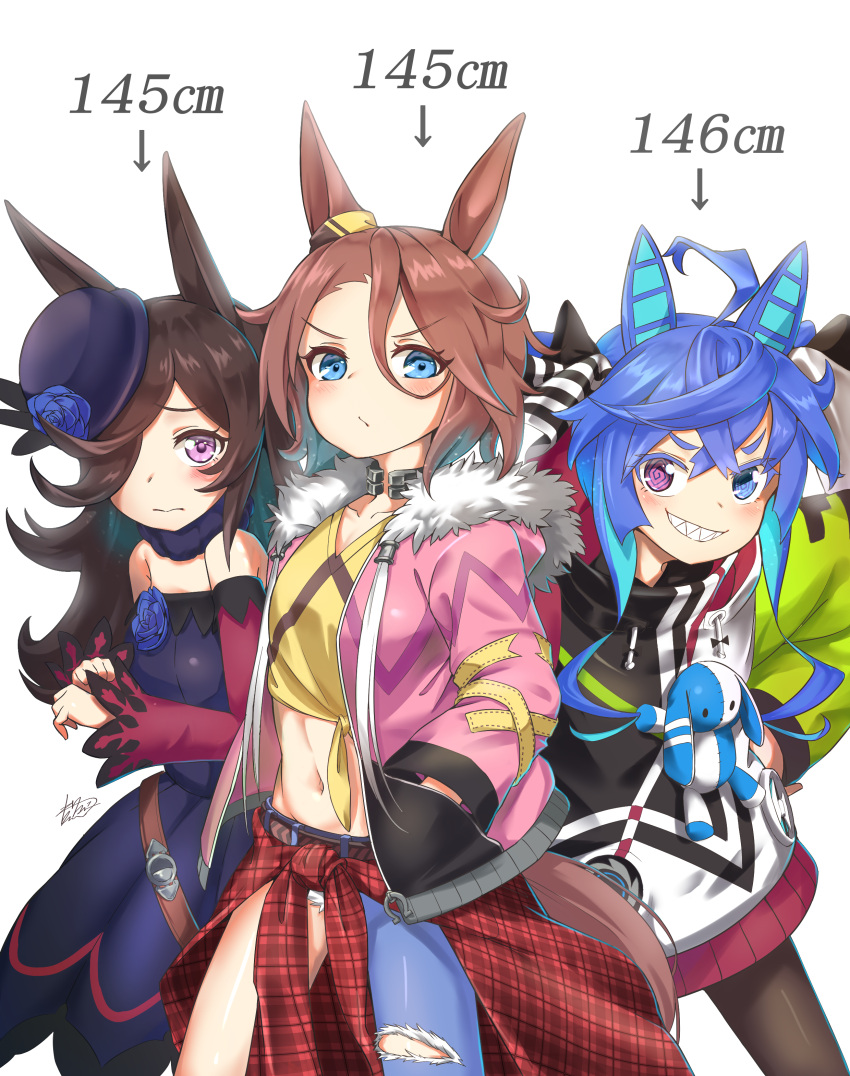 3girls @_@ absurdres ahoge animal_ears asymmetrical_clothes bangs bare_shoulders belt black_legwear blue_dress blue_eyes blue_flower blue_hair blue_headwear blue_rose blush bow breasts brown_belt brown_hair closed_mouth clothes_around_waist collarbone commentary_request cowboy_shot denim detached_sleeves drawstring dress dress_bow ear_covers ear_ornament eyebrows_visible_through_hair flower fur-trimmed_jacket fur_collar fur_trim grin groin hair_between_eyes hair_over_one_eye hands_in_pockets hands_on_hips hat hat_flower height heterochromia highres hood hoodie hoodie_dress horse_ears horse_girl horse_tail horseshoe_ornament jacket jeans kagami_(haret46) long_hair long_sleeves looking_at_viewer medium_breasts messy_hair midriff multicolored_clothes multicolored_hair multicolored_hoodie multiple_girls narita_taishin_(umamusume) navel off-shoulder_dress off_shoulder open_clothes open_jacket pants pantyhose partial_commentary pink_jacket plaid plaid_shirt purple_eyes red_shirt red_sleeves rice_shower_(umamusume) rose sharp_teeth shirt shirt_around_waist short_hair sidelocks signature simple_background single_pantsleg sleeveless sleeveless_shirt small_breasts smile standing stuffed_animal stuffed_bunny stuffed_toy tail teeth tied_shirt tilted_headwear torn_clothes torn_pants twin_turbo_(umamusume) twintails umamusume white_background yellow_shirt zipper_pull_tab