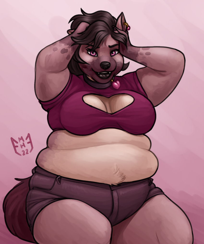 &lt;3 2022 anthro belly big_belly big_breasts black_hair black_lips breasts chubby_female cleavage_cutout clothing collar colored_nails ear_piercing fangs fat_rolls female fur fur_tuft hair hand_on_head hi_res hyaenid leena_(miltonholmes) lips looking_at_viewer mammal miltonholmes nails overweight overweight_female piercing pink_eyes purple_clothing purple_shirt purple_topwear shirt slightly_chubby smile smiling_at_viewer solo spots spotted_body spotted_fur thick_thighs topwear tuft watermark