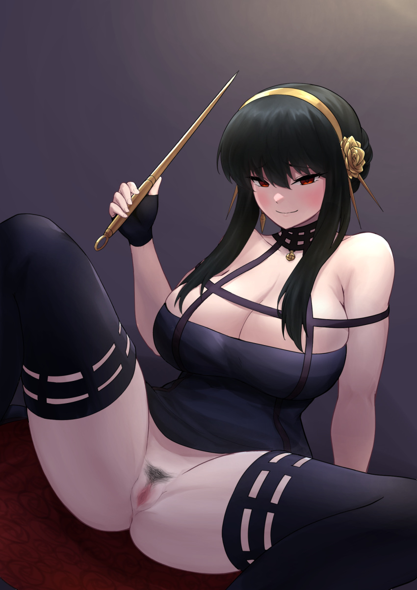 1girl arm_support black_dress black_hair blush breasts cleavage dagger dress female_pubic_hair hair_between_eyes hairband half-closed_eyes highres holding holding_dagger holding_weapon huge_breasts knife long_hair looking_at_viewer no_panties pubic_hair pussy red_eyes sitting smartbsm smile solo spread_legs spy_x_family thighhighs uncensored weapon yellow_hairband yor_briar