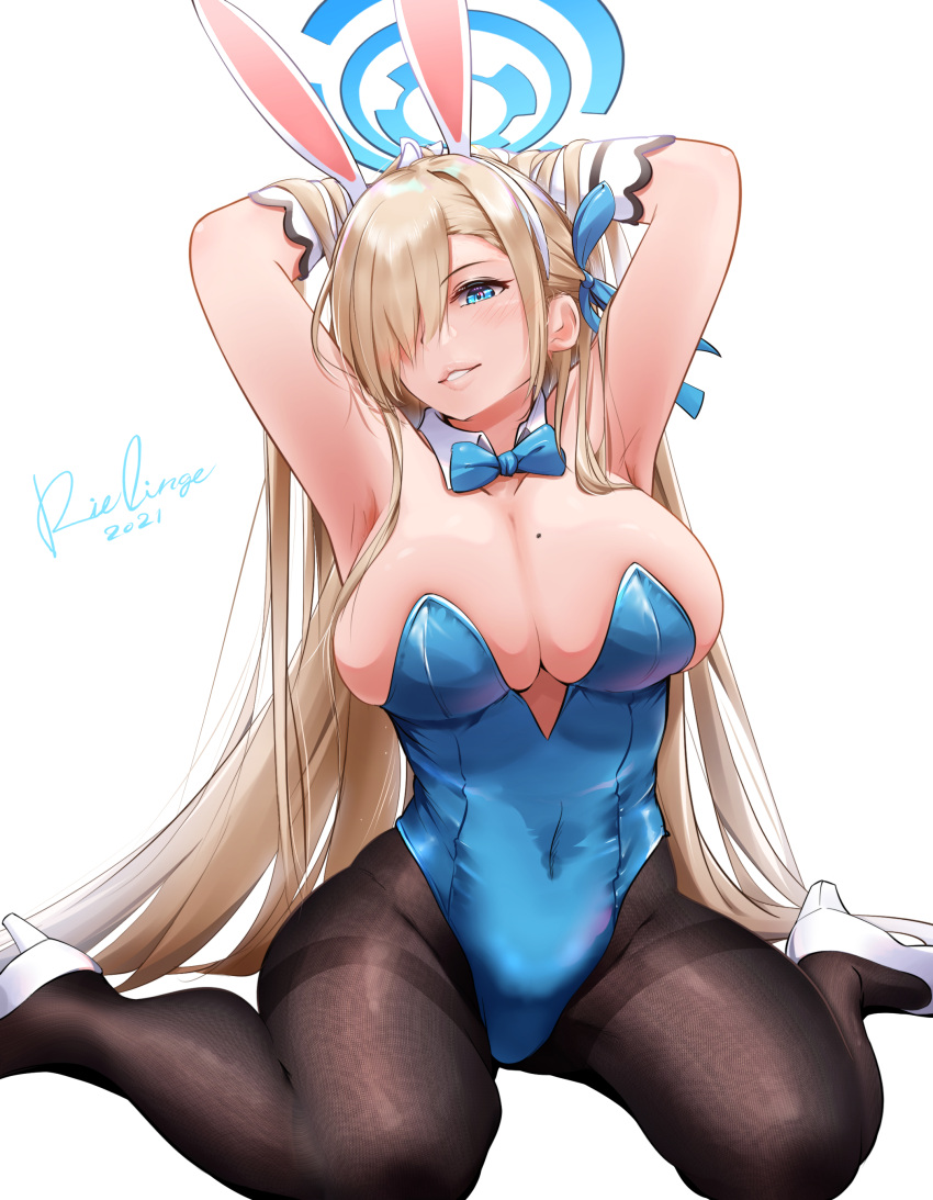 1girl absurdres animal_ears aqua_leotard arms_behind_head arms_up asuna_(blue_archive) bangs black_legwear blue_archive blue_bow blue_bowtie blue_eyes blue_leotard bow bowtie breasts detached_collar fake_animal_ears gloves hair_over_one_eye hairband halo high_heels highleg highleg_leotard highres leotard light_brown_hair lingerie_(aki3240) mole mole_on_breast pantyhose playboy_bunny rabbit_ears sitting solo strapless strapless_leotard swept_bangs thighband_pantyhose traditional_bowtie wariza white_footwear white_gloves white_hairband