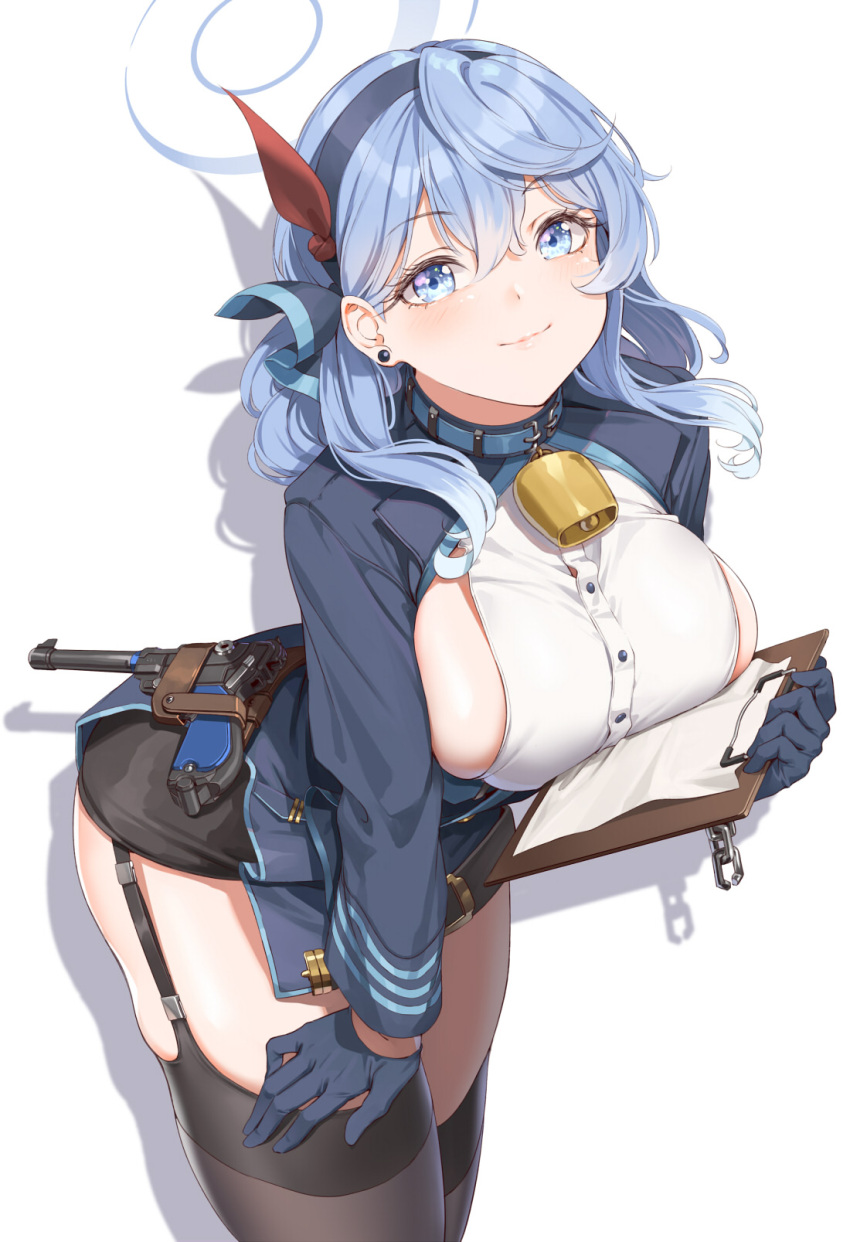 1girl ako_(blue_archive) bangs bell bent_over black_gloves black_legwear black_skirt blue_archive blue_coat blue_eyes blue_hair blue_hairband blush breasts chain clipboard coat earrings eyebrows_visible_through_hair fangxiang_cuoluan garter_straps gloves gun hair_between_eyes hair_ribbon hairband half_gloves halo handgun highres holster holstered_weapon jewelry large_breasts long_hair long_sleeves looking_at_viewer luger_p08 miniskirt neck_bell paid_reward_available red_ribbon ribbon sideboob simple_background skirt solo thighhighs weapon