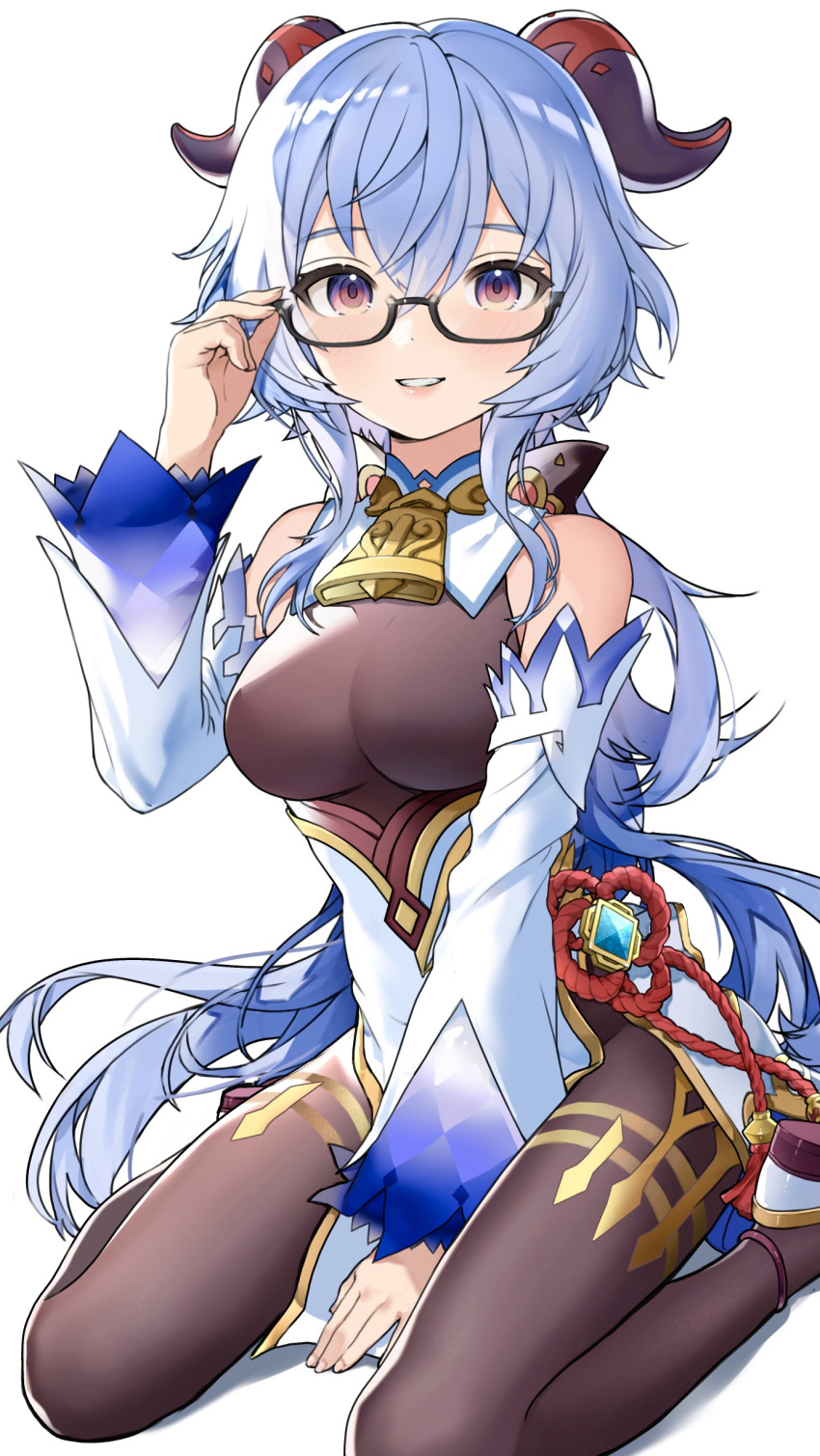 1girl absurdres adjusting_eyewear ahoge bangs bell bespectacled black_bodysuit blue_hair bodysuit commentary_request cowbell detached_sleeves eyebrows_visible_through_hair full_body ganyu_(genshin_impact) genshin_impact glasses hair_between_eyes high_heels highres horns long_hair long_sleeves looking_at_viewer parted_lips purple_eyes semi-rimless_eyewear sidelocks simple_background sitting smile solo tate_yukimi vision_(genshin_impact) wariza white_background