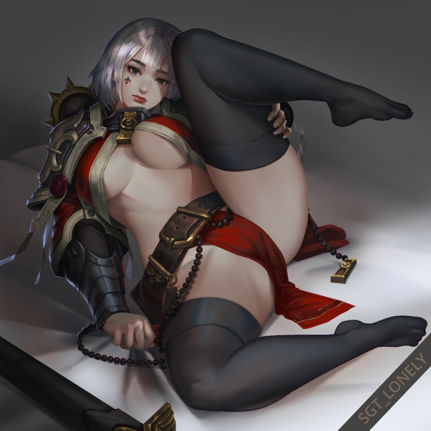 1girl adepta_sororitas armor beads belt black_legwear blue_eyes breasts cameltoe english_commentary facial_tattoo facing_viewer full_body grey_hair highres large_breasts leg_lift leg_up lips loose_belt no_bra no_panties no_shoes nose on_bed paid_reward_available pale_skin pauldrons pelvic_curtain plantar_flexion prayer_beads purity_seal sgt_lonely sheet_grab shoulder_armor solo tattoo thighhighs underboob vambraces warhammer_40k watermark